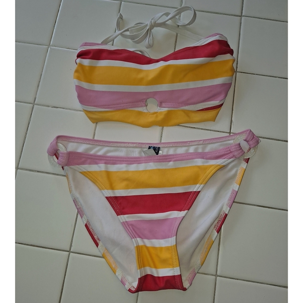 Malibu Dream Girl halter strapless bikini swimsuit red pink yellow stripe small